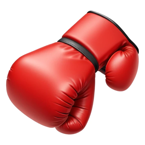 A small, bold boxing glove with a shiny red leather texture, clenched and angled forward, dynamic motion lines around it, symbolizing a powerful punch, clean white background sticker