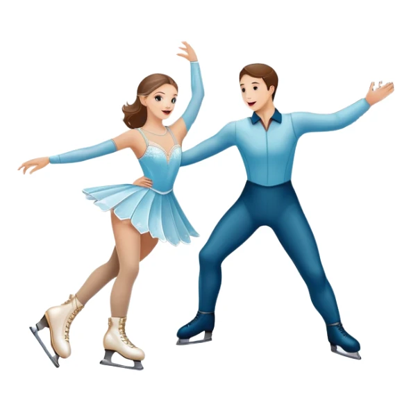 An icon showing elegant figure skates in close-up on a glossy ice surface, with a graceful skater performing in the background. The scene is set inside a grand indoor ice arena with spotlights, decorative banners, and a cheering audience. Transparent background. sticker