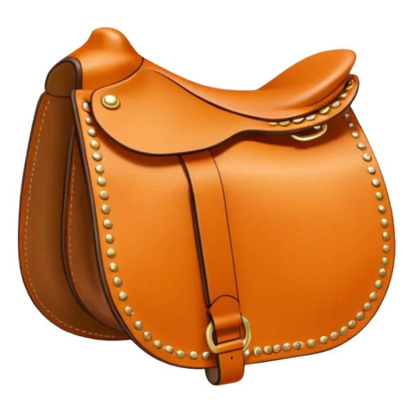 Hermès-style saddle, detailed leatherwork, Hermès orange and gold accents, luxury, cute emoji style sticker