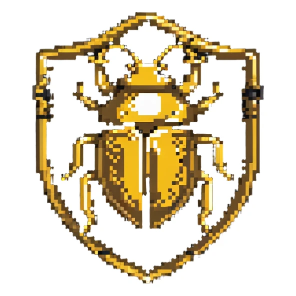 A gold shield-shaped badge with a beetle silhouette like Discord's bug hunter badge sticker