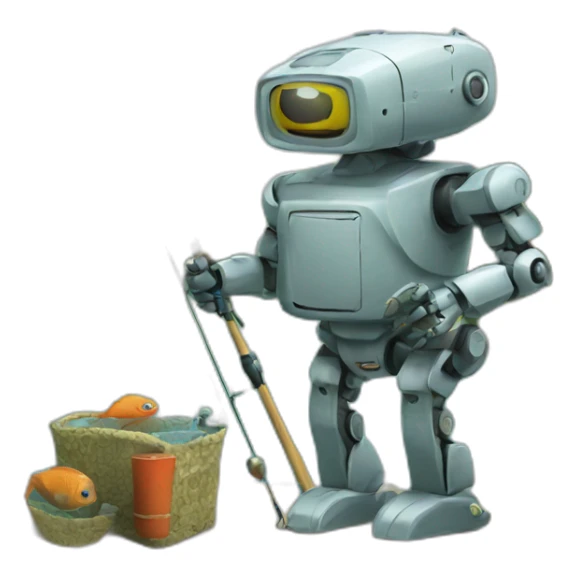 robot with fishing road sticker