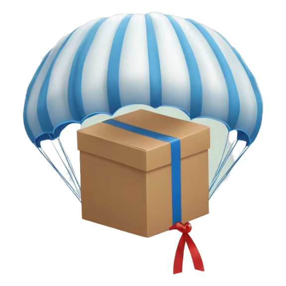 Parachute package emoji, flat design, brown box, red ribbon, blue parachute sticker