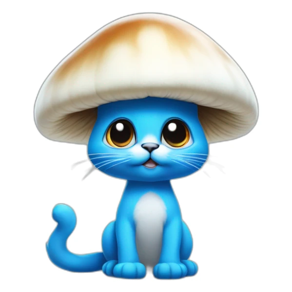 Blue smurf cat with large black eyes wearing a large white mushroom on his head casting a show on his face with a neutral face sticker