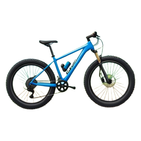 An icon featuring a mountain bike standing on a scenic trail. The background showcases majestic mountains, lush green valleys, and a bright blue sky with fluffy clouds. The sun casts warm light over the landscape, emphasizing the beauty of outdoor cycling. Transparent background sticker