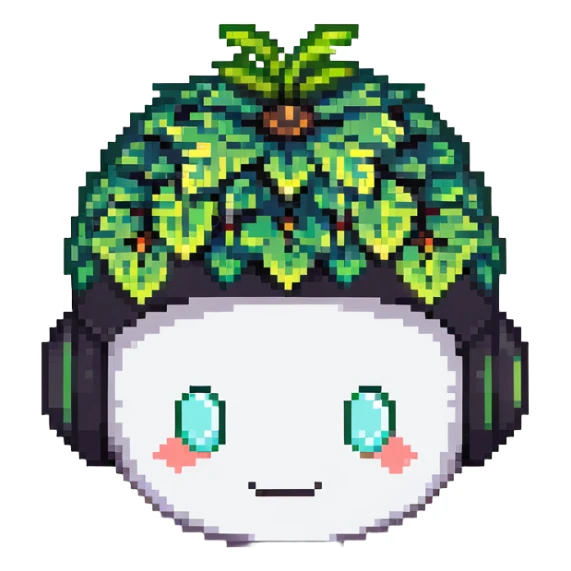 Green bomberman head only, round helmet with leaf-like antenna, cute white face, friendly eyes, pixel art style sticker