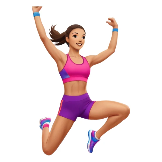 Professional aerobics performer mid-jump with arms extended, showcasing energy, flexibility, and coordination. The background features a vibrant gym setting with fitness equipment and bright colors, capturing the dynamic motion of aerobics. sticker