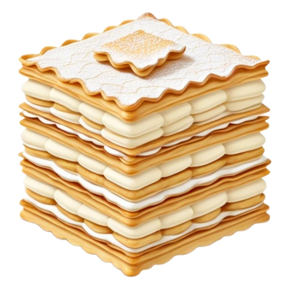 Cinematic delicate mille-feuille, thin crispy pastry layers filled with smooth vanilla cream, dusted with powdered sugar, elegant presentation, highly detailed and sophisticated. sticker