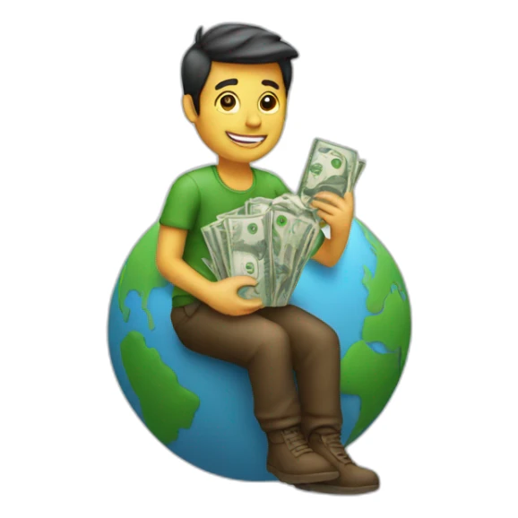 man sitting on globe with money bag sticker