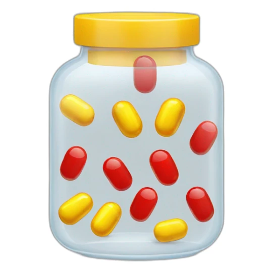 a transparent jar with red and yellow pills sticker