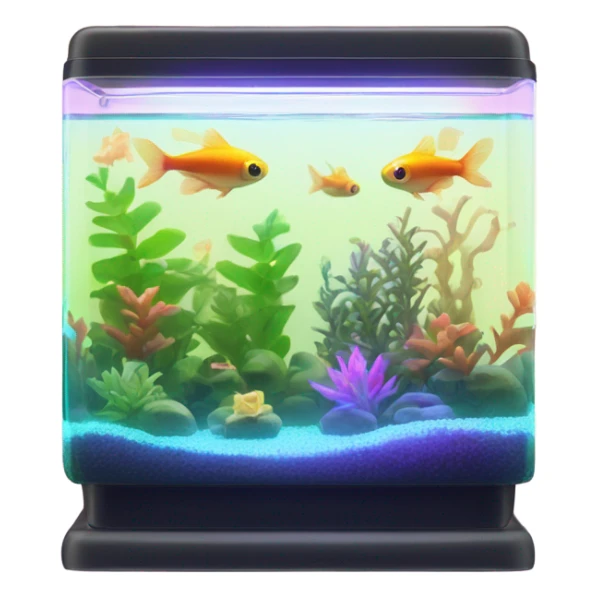 Rectangular fish tank with cute fish, beige lid and wedgesk with plants inside  and glow tetra fish in neon colors  sticker
