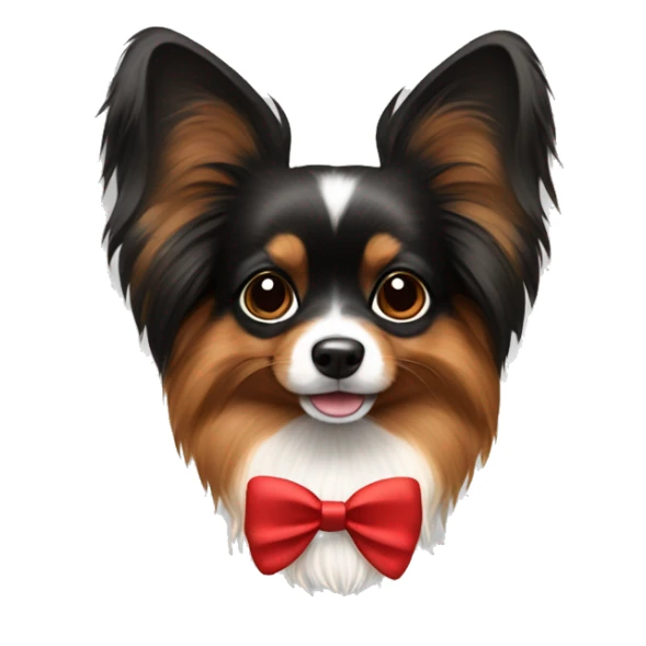 Small furry black and brown papillon breed dog wearing red bow sticker