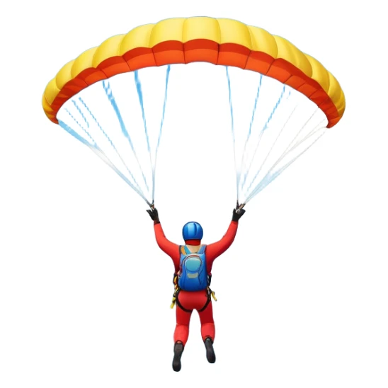 A base jumper soaring through the sky, with a brightly colored parachute open. The backdrop features breathtaking mountain peaks, lush valleys, and a vast blue sky dotted with clouds. The scene captures the thrill and freedom of jumping from great heights into the open air. sticker