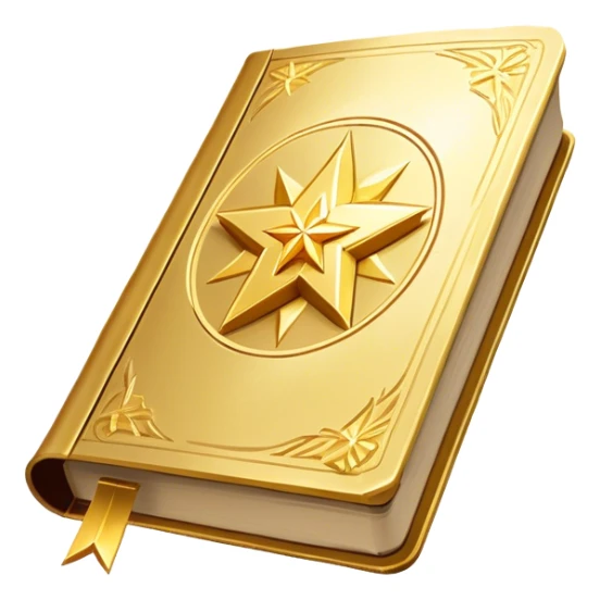 A shimmering gold book with a radiant glow, floating slightly as if under a spotlight. Its cover features a bold, star-like sigil ✨, symbolizing influence and magnetism. Light halo effects or sparkles surround it, giving off an aura of effortless charm and star power. sticker