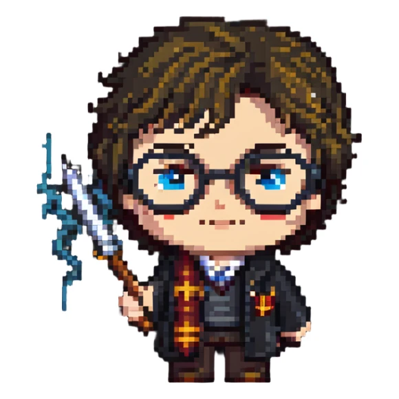 Harry Potter with glasses, lightning scar, and wand sticker