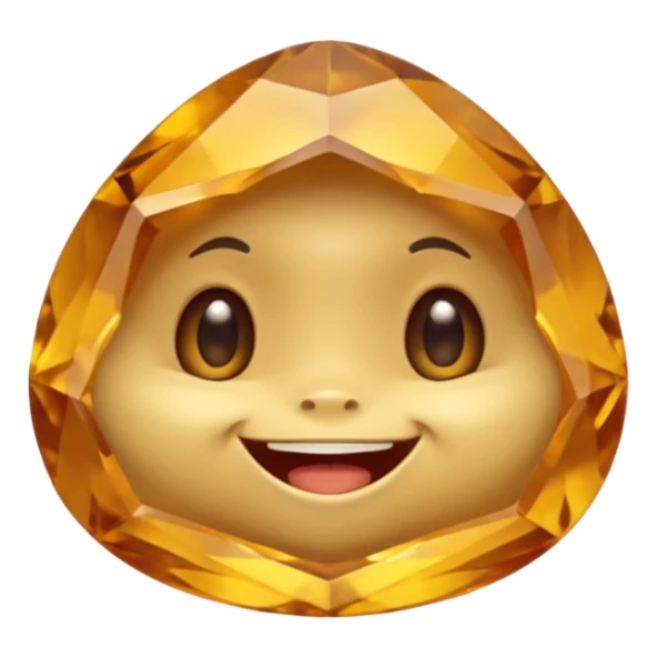 Single gemstone rock character, warm golden citrine, squat and heavy like a rock, with carved facets and tiny surface imperfections, cute round eyes and open smiling mouth, 3D game icon style, plain dark background, no other gems sticker