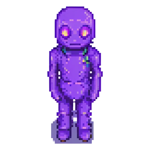 Add glowing eyes to Purple Guy from FNAF standing pose in pixel art style with no background. sticker