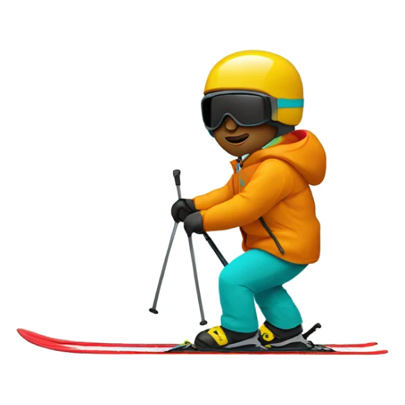 white man skiing in dark yellow orange jacket and red helmet and turquoise pants sticker