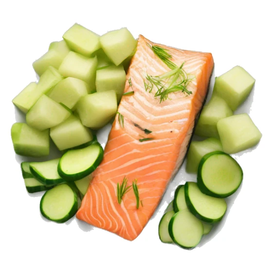 Salmon  chunks with leek and zucchini on a plate  sticker