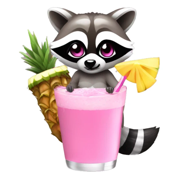 A raccoon with long eyelashes, wearing a pink bikini holding a pina colada sticker