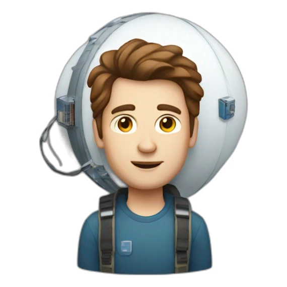 Tall white man with brown hair carrying a small satellite sticker