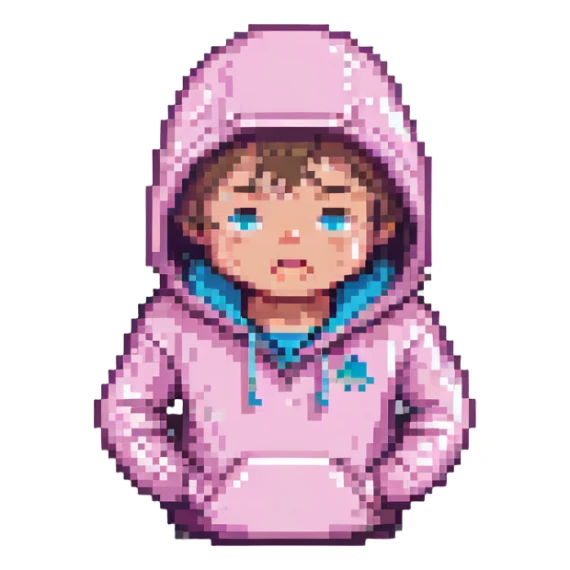 crying guy in a pink hoodie, pixel art style sticker