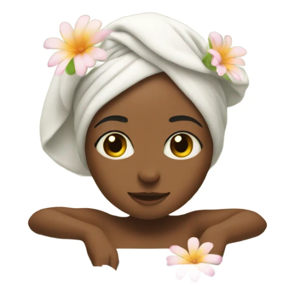 girl with towel on head relaxing in bath with flowers sticker