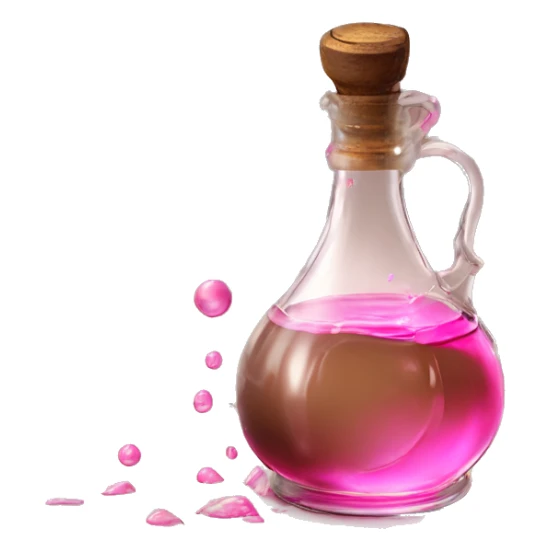 Mysterious Alchemical vintage glass potion bottle, exquisite bottle shape, old and shabby, with label, stylish and minimalistic, brown and pink, oil potion is poured out of the bottle, oil is spilled next to it sticker