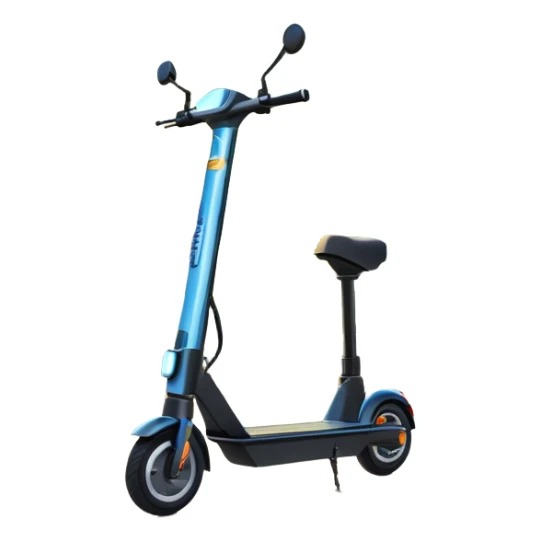 An icon featuring a sleek electric scooter parked on a scenic path. The background showcases a vibrant city park with green trees, flowers, and a clear blue sky. The sun sets in the distance, casting a warm golden glow on the landscape. Transparent background sticker