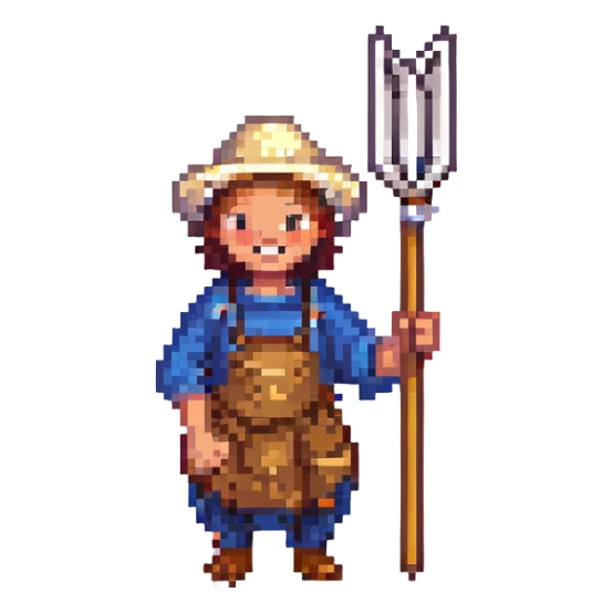 pixel art Twitch emoji of a cheerful peasant with a pitchfork sticker