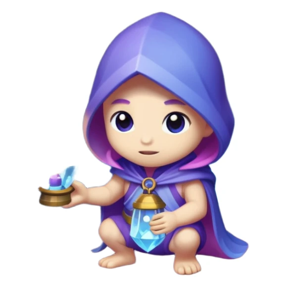 purple, blue, and pink crystal chibi creature holding a lantern inside a crystal-filled cave sticker