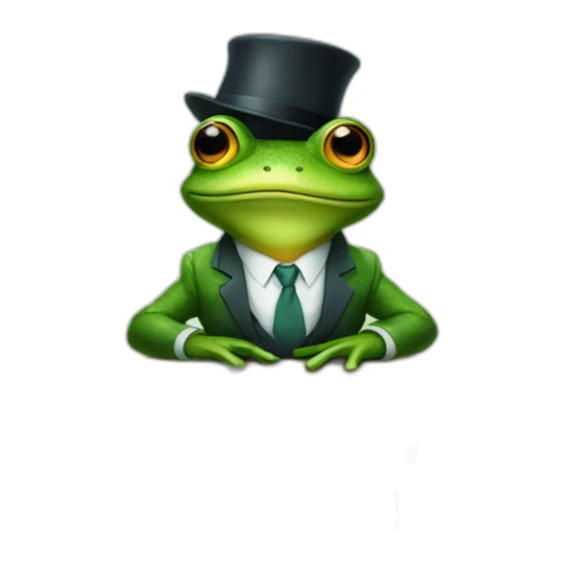 A frog wearing a suit looking straight sitting on a table and wearing a hat sticker