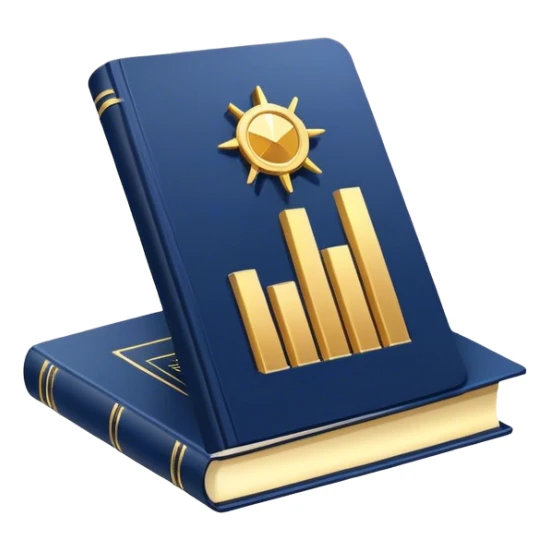A navy blue productivity book with gold details, chart with upward trend aura, radiating productivity, strategy, and success in motion- sticker