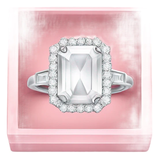 a luxurious all-white diamond ring in a light pink half open box, shown from a side view. Use bold outlines, a glossy finish sticker