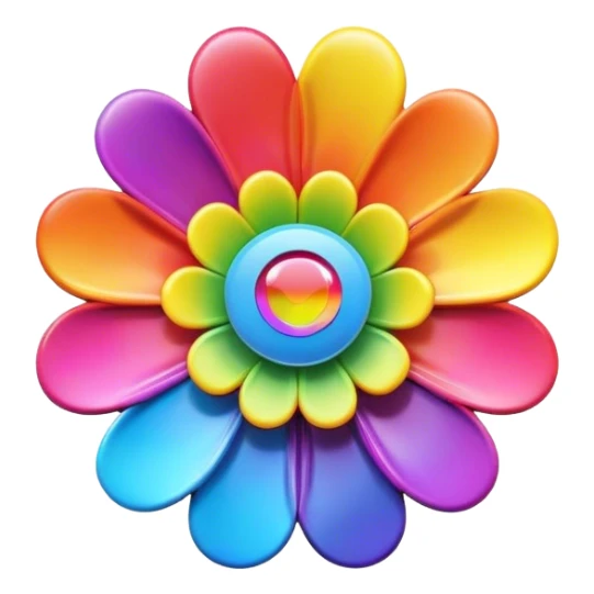 A round psychedelic colored button with bezeled edges and a rainbow colored 3D flower in the center sticker