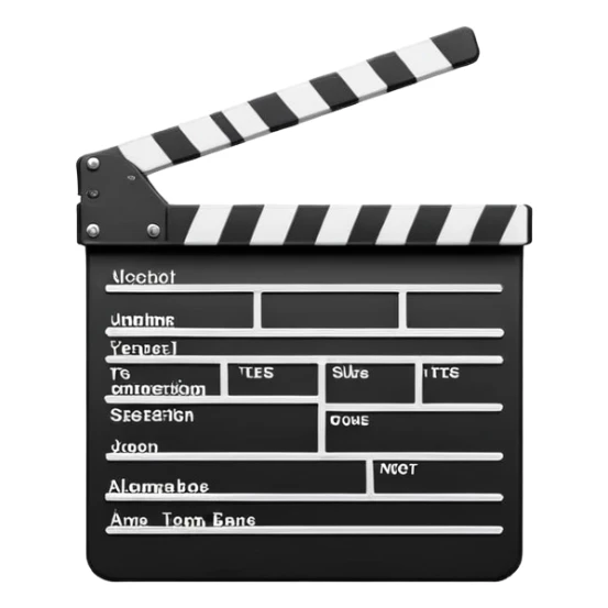Simple black and white clapperboard with minimal stripes at the top, slightly open position, iOS emoji style sticker
