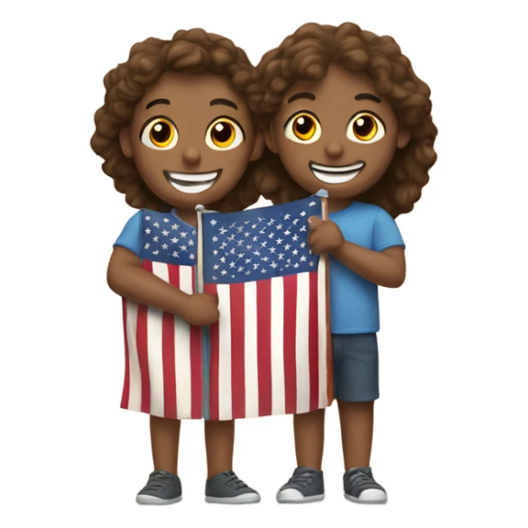 smiling friends indoors together holding an American flag sticker
