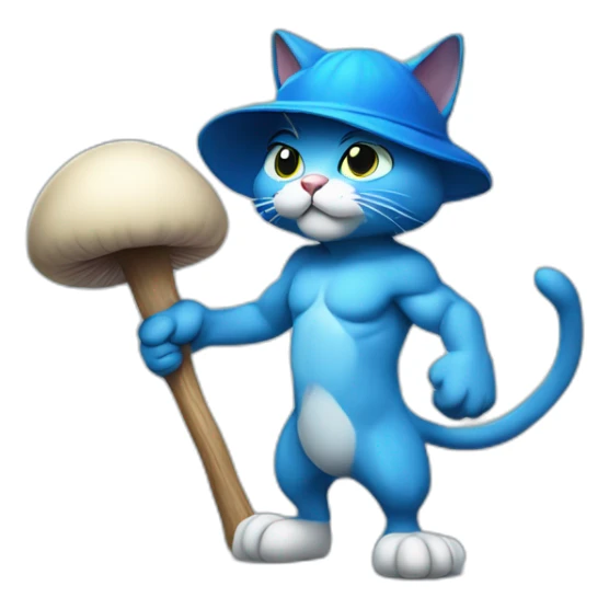 Strong muscles Blue cat NO ears wearing a mushroom cap carrying a stick in one arm standing on two legs sticker