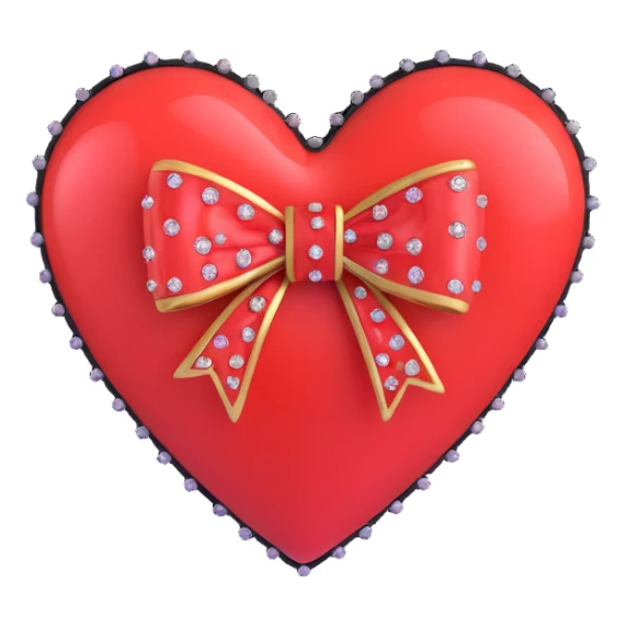 tiny red heart with a bow, pastel red enamel, sparkling gems, soft glowing effect sticker