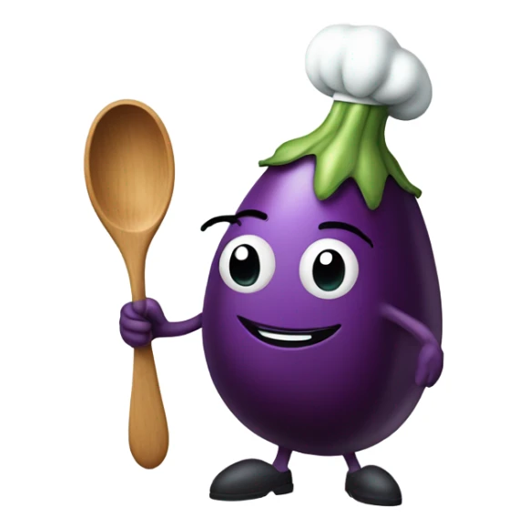 Eggplant with stem wearing chef’s apron on holding spoon sticker