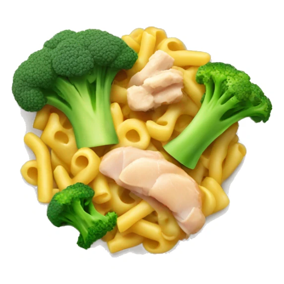 dish with macaroni and pieces of broccoli and chicken sticker