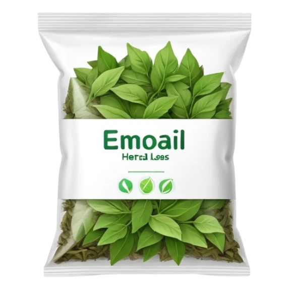 small plastic pack with green dried herbal leaves which are clumped together  sticker