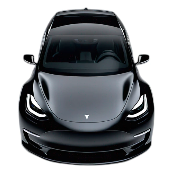 modified black 2023 Tesla Model 3 with sporty front spoiler with lights on viewed from front sticker