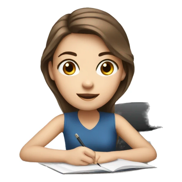 white girl studying at desk, brown hair, blue eyes, computer sticker