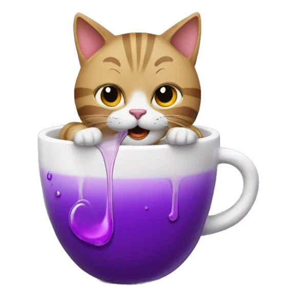 cat drinkin a cup in a cup with purple liquid in it sticker