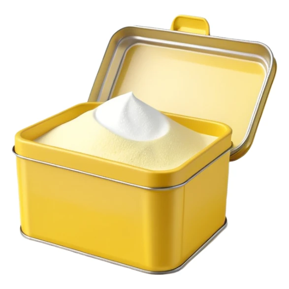 small tin or box of cornstarch with simple lid, partially open to show fine white powder inside, clean minimal yellow or neutral container, no branding, no spoon, no faces, clean 3D style, soft lighting, transparent background, emoji scale sticker