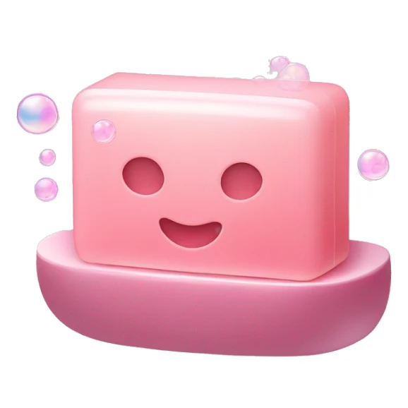 Light pink soap bar sitting on a soap holder, with soap bubbles  sticker