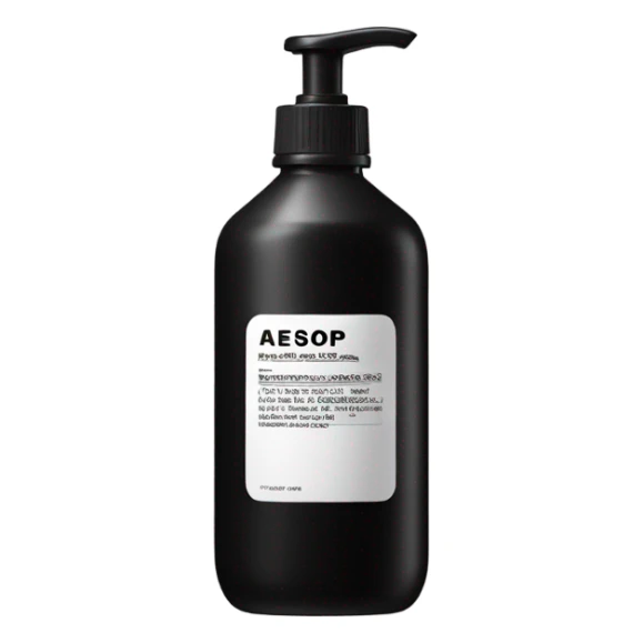 Liquid soap bottle by brand Aesop – black bottle with white label sticker