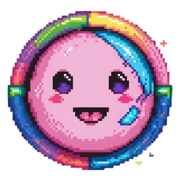 pink planet with vibrant rainbow rings and a cute winking face sticker