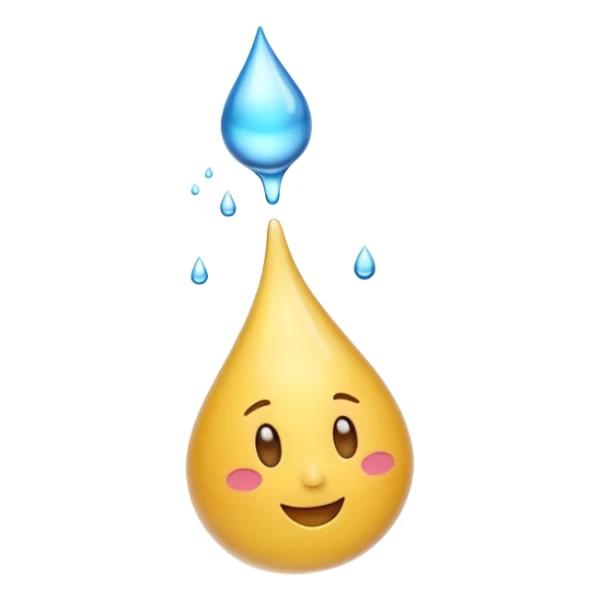 3D iPhone style emoji of a liquid drop falling, glossy and translucent, mid-air motion, isolated on white background, soft shadows, high detail, playful and cute. sticker
