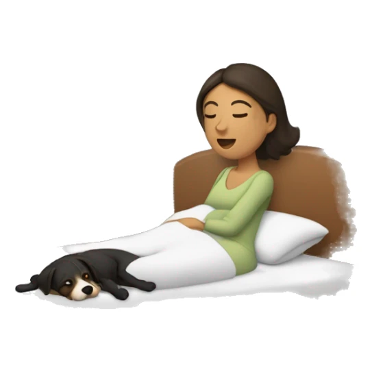 Mujer morena dormida en la cama abrazando a un cachorro blanco sticker